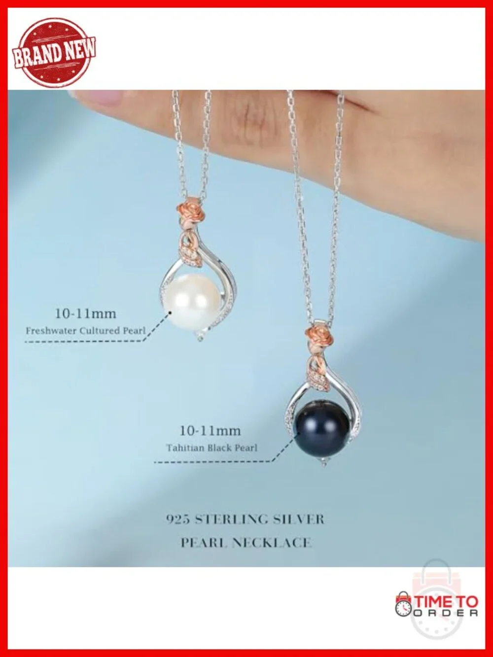 10-11mm Freshwater Pearl Necklace with Rose Flower Pendant, 925 Sterling Silver